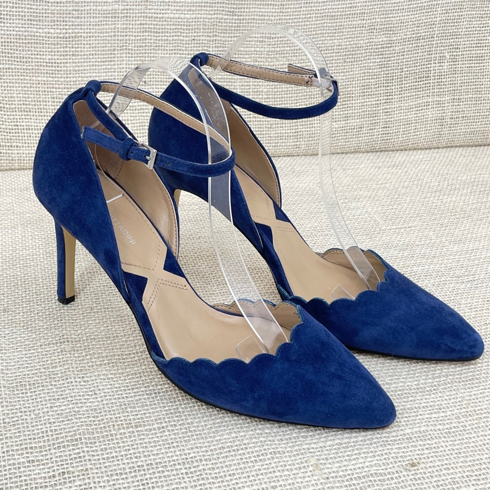 Adrienne Vittadini Blue Suede Scalloped Ankle Strap Heels AV-NENI Womens 10M